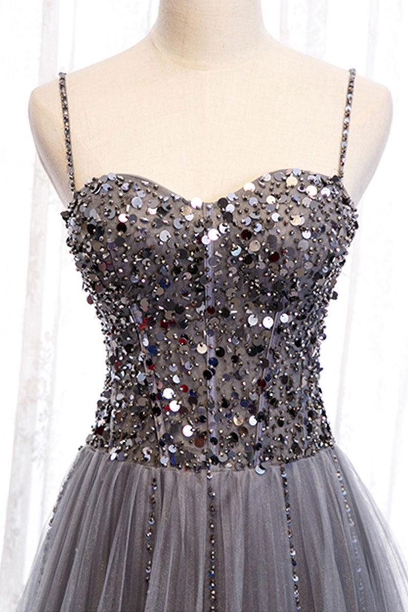 Gray Prom Dress Tulle Sweetheart Neck Sequin Long Formal Gown Evening Dress