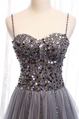 Gray Prom Dress Tulle Sweetheart Neck Sequin Long Formal Gown Evening Dress