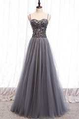 Gray Prom Dress Tulle Sweetheart Neck Sequin Long Formal Gown Evening Dress