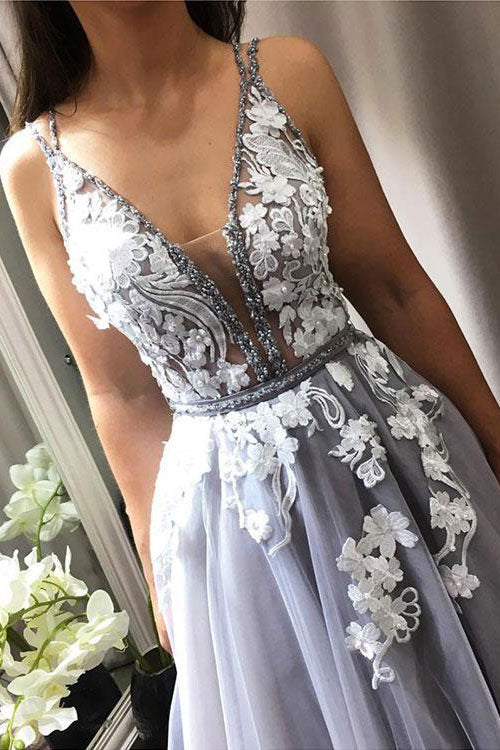 Gray Prom Dress V Neck Lace Tulle Formal Gown Evening Dress