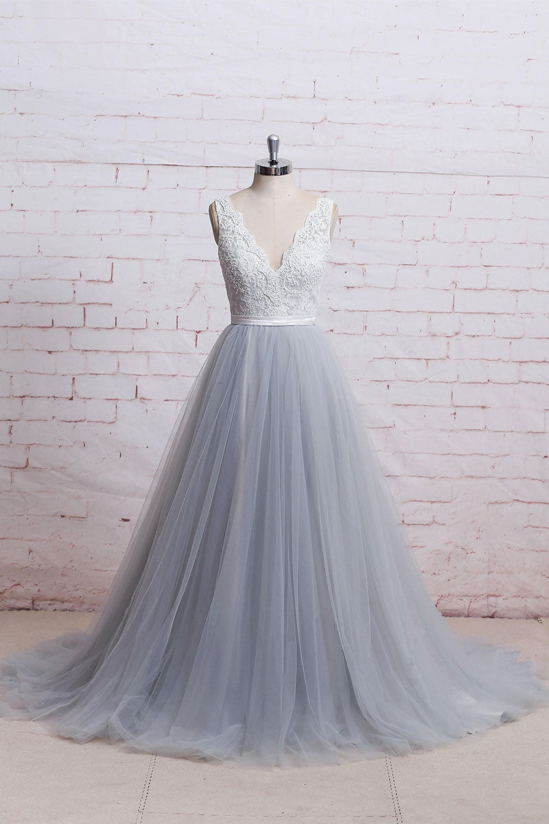 Gray Prom Dress V Neck Lace Tulle Long Evening Dress