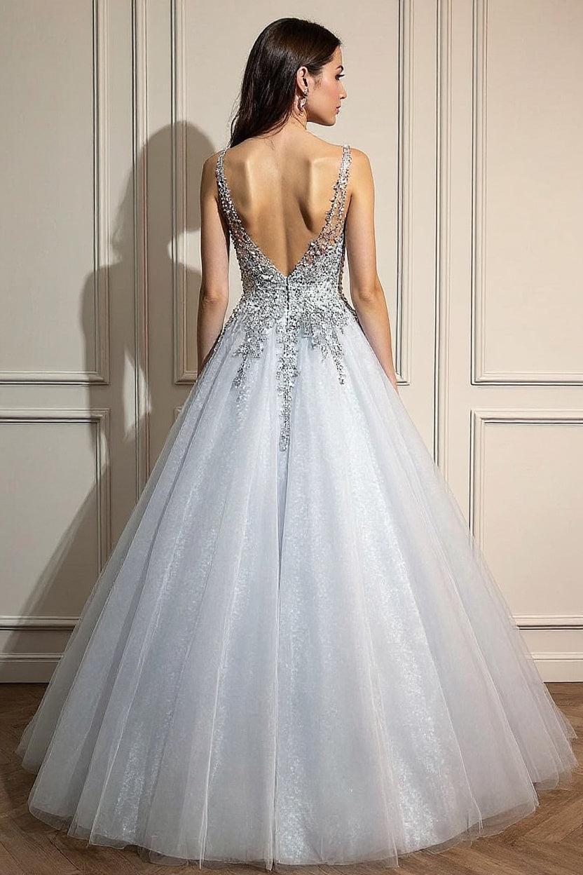 Gray Prom Dress V Neck Sequin Tulle Long Formal Evening Dress
