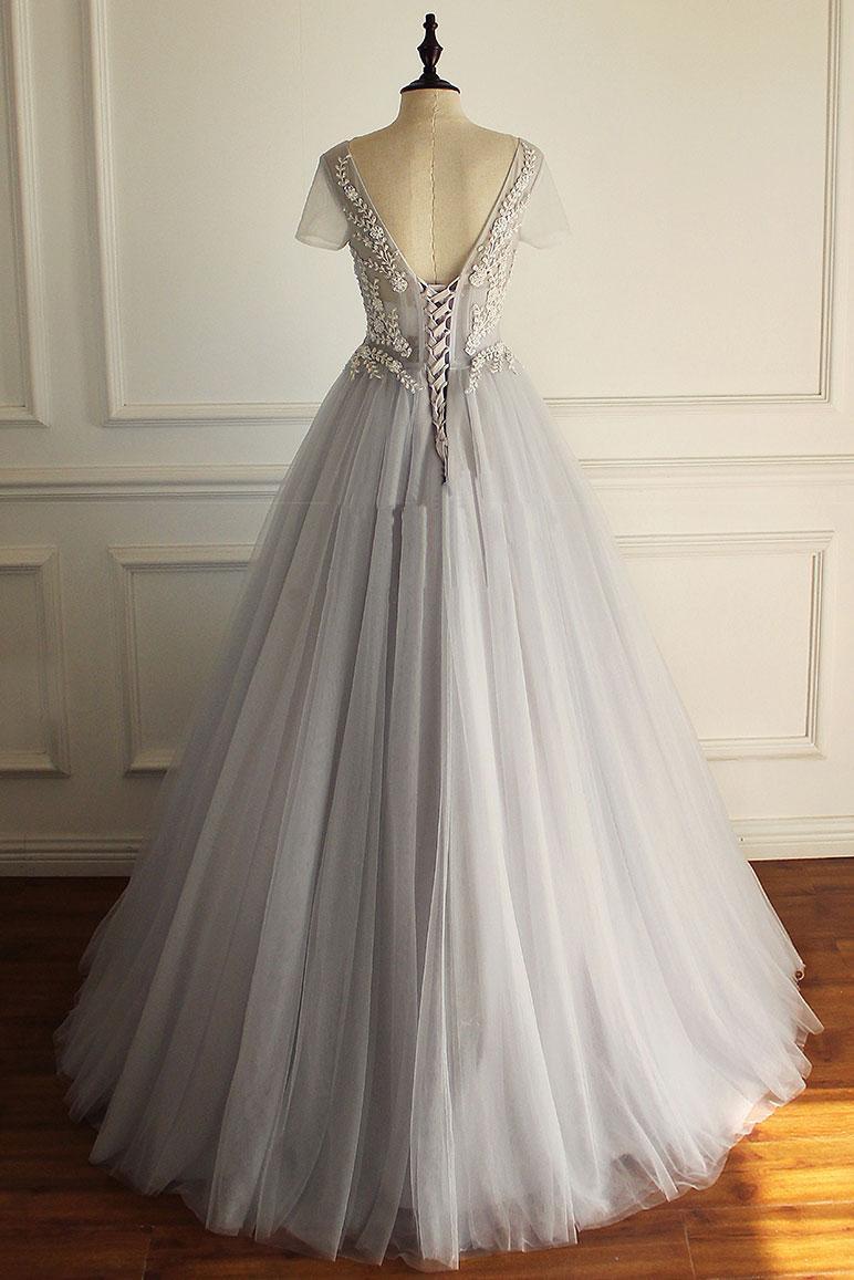 Gray Prom Dress V Neck Tulle Lace Appliques Long Evening Dress