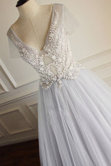 Gray Prom Dress V Neck Tulle Lace Appliques Long Evening Dress