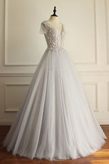 Gray Prom Dress V Neck Tulle Lace Appliques Long Evening Dress