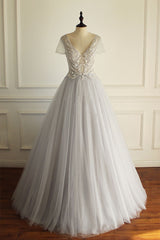 Gray Prom Dress V Neck Tulle Lace Appliques Long Evening Dress