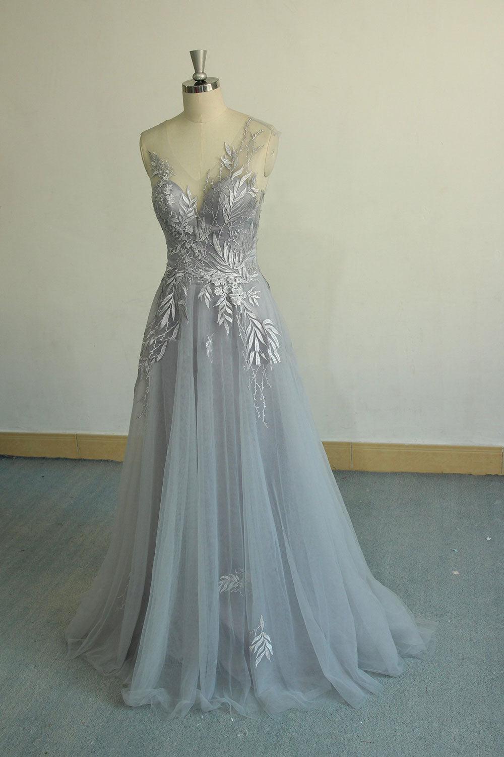 Gray Prom Dress V Neck Tulle Lace Long Evening Dress