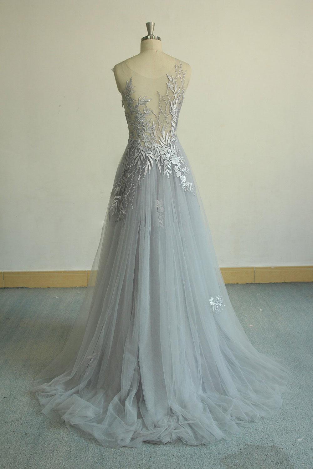 Gray Prom Dress V Neck Tulle Lace Long Evening Dress