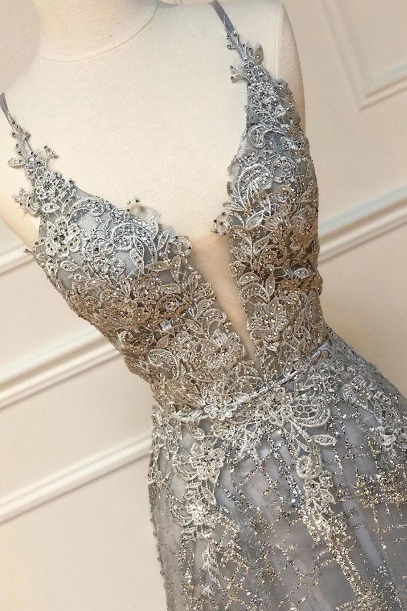 Gray Prom Dress V Neck Tulle Lace Long Formal Gown Evening Dress