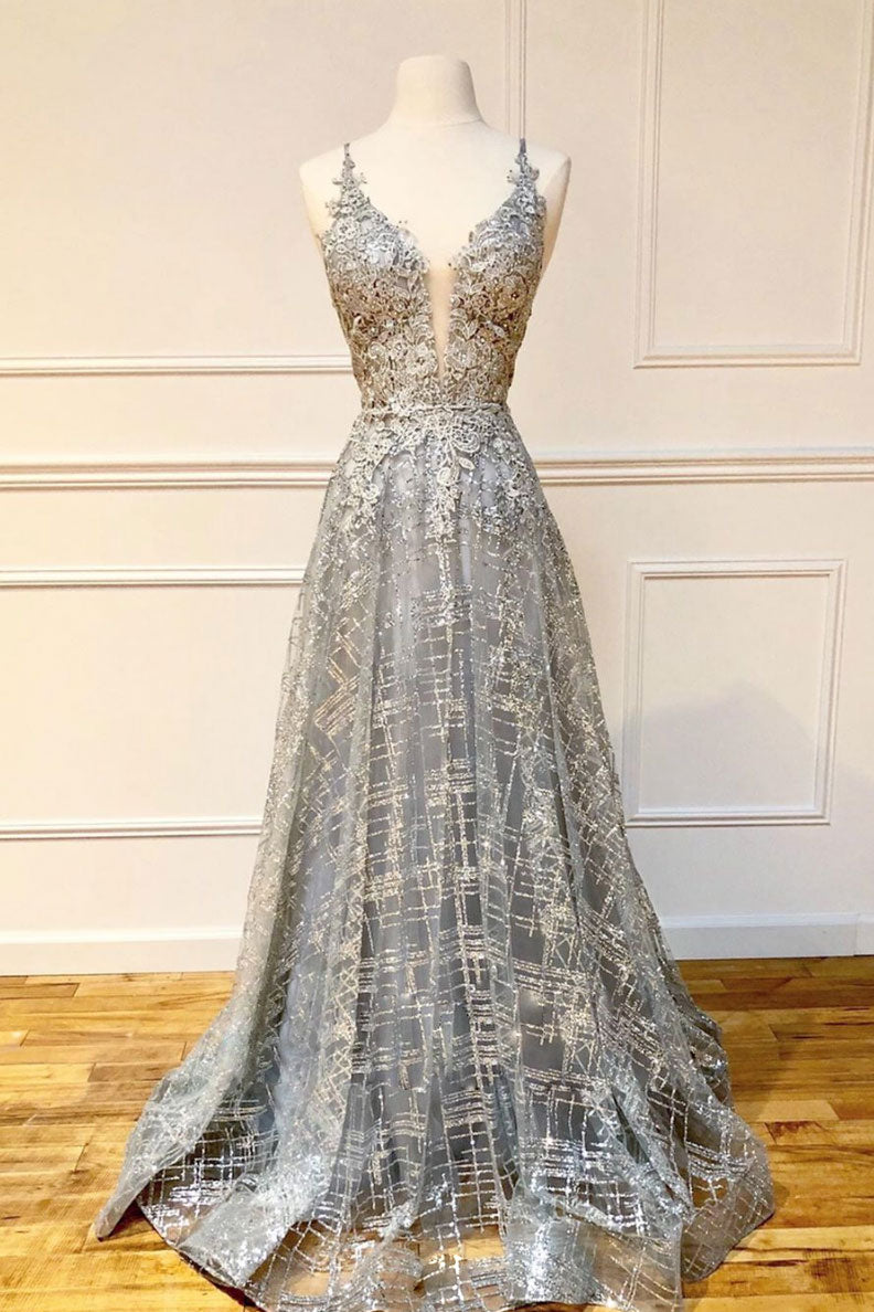 Gray Prom Dress V Neck Tulle Lace Long Formal Gown Evening Dress
