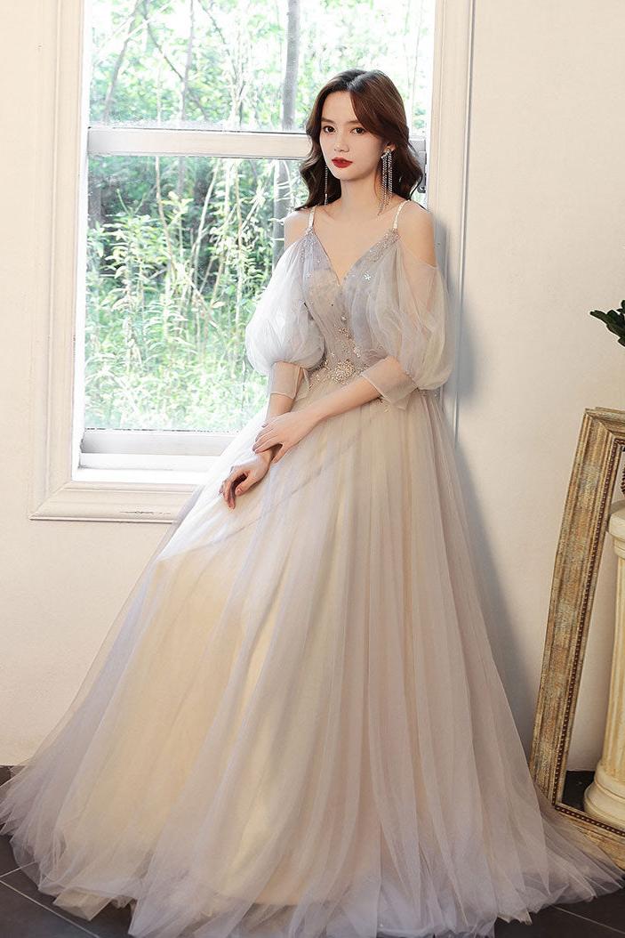 Gray Prom Dress V Neck Tulle Long A Line Formal Dress Evening Dress
