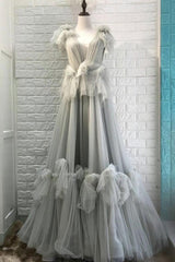 Gray Prom Dress V Neck Tulle Long Evening Dress