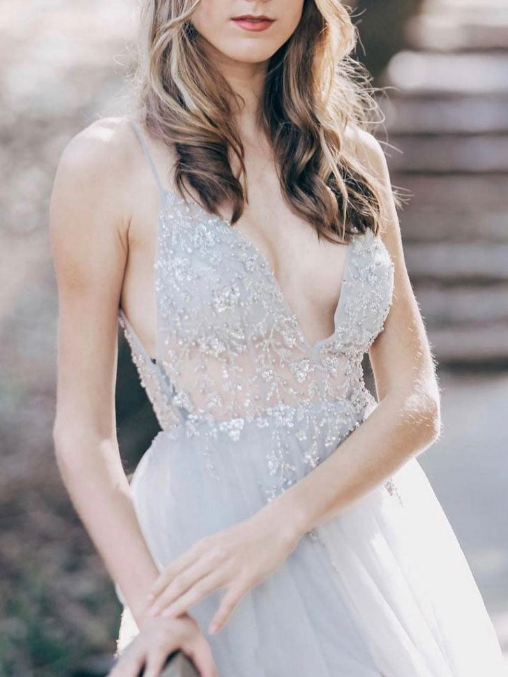 Gray Prom Dress V Neck Tulle Long Formal Evening Dress