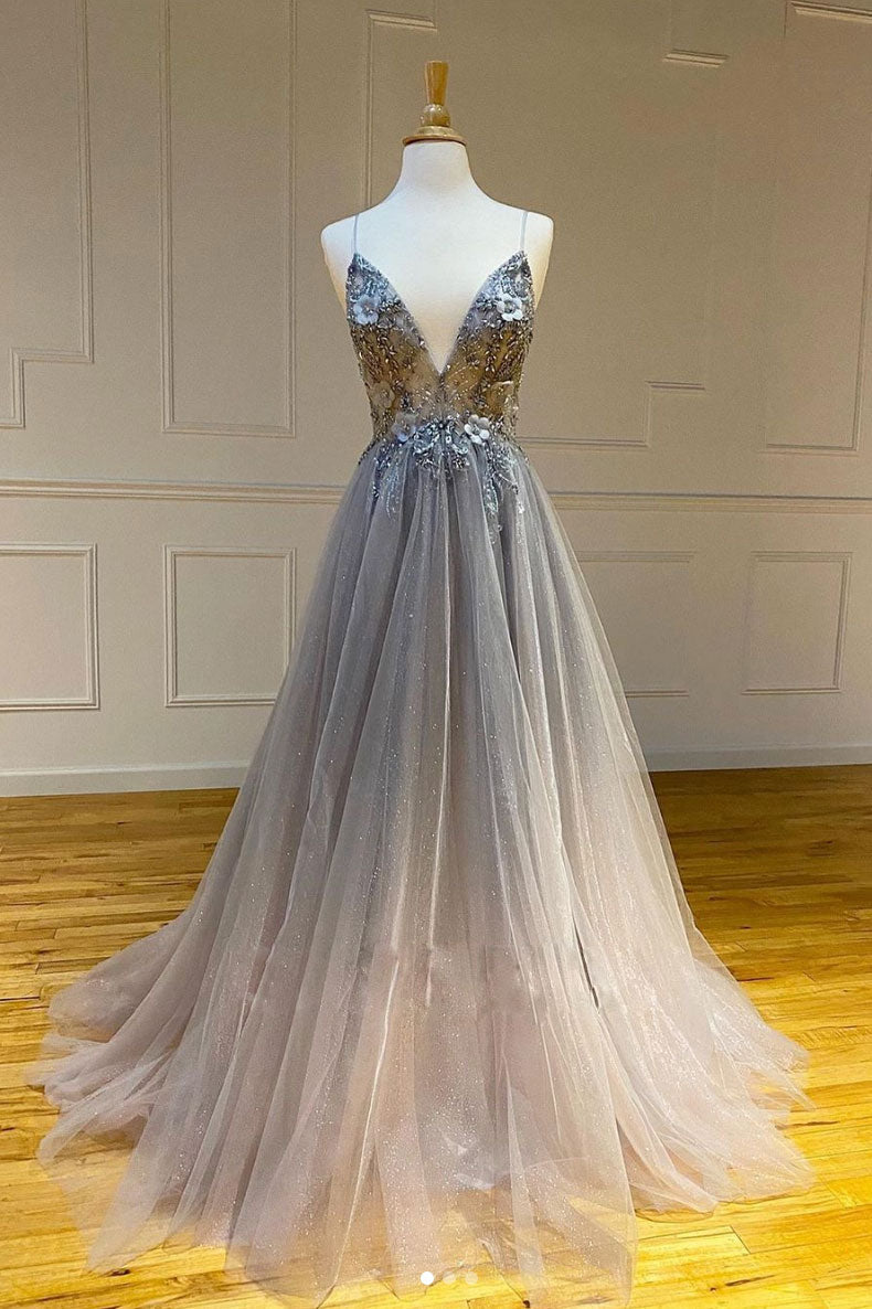 Gray Prom Dress V Neck Tulle Long Formal Gown Evening Dress