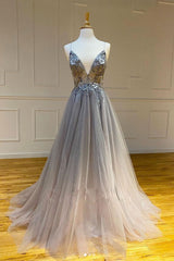 Gray Prom Dress V Neck Tulle Long Formal Gown Evening Dress