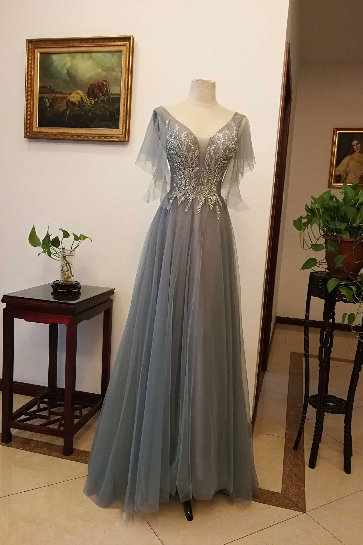 Gray Prom Dress V Neck Tulle Sequin Long Evening Dress