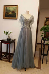Gray Prom Dress V Neck Tulle Sequin Long Evening Dress