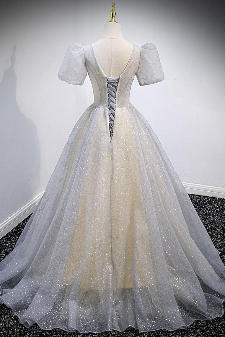 Gray Prom Dress V Neck Tulle Sequin Long Formal Dress Evening Dress