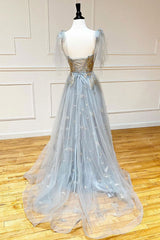 Gray Prom Dress V Neck Tulle Sequin Long Formal Dress Evening Dress
