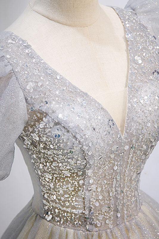 Gray Prom Dress V Neck Tulle Sequin Long Formal Dress Evening Dress