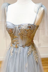 Gray Prom Dress V Neck Tulle Sequin Long Formal Dress Evening Dress