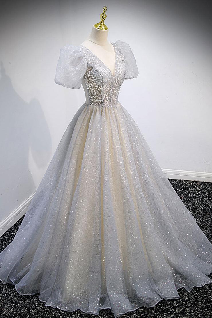 Gray Prom Dress V Neck Tulle Sequin Long Formal Dress Evening Dress