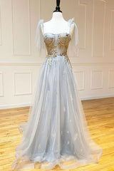 Gray Prom Dress V Neck Tulle Sequin Long Formal Dress Evening Dress