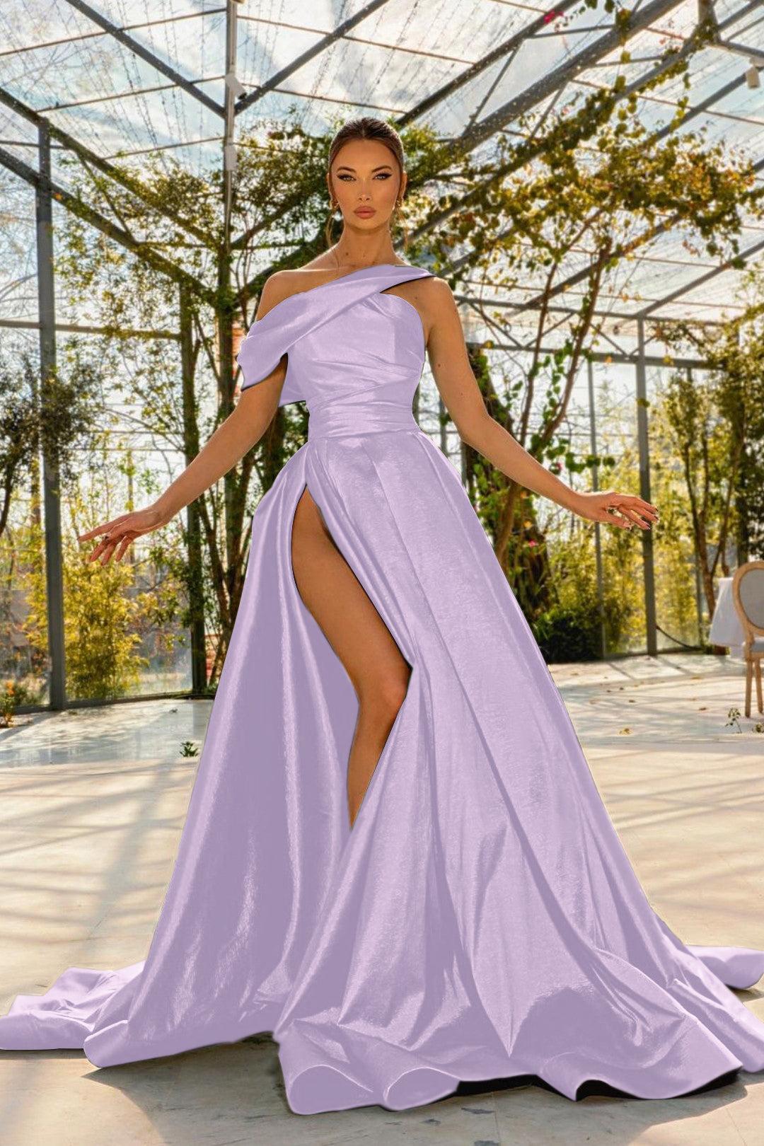 Green A Line Prom Dress Cap Sleeve Asymmetric Neck Satin Formal Dress