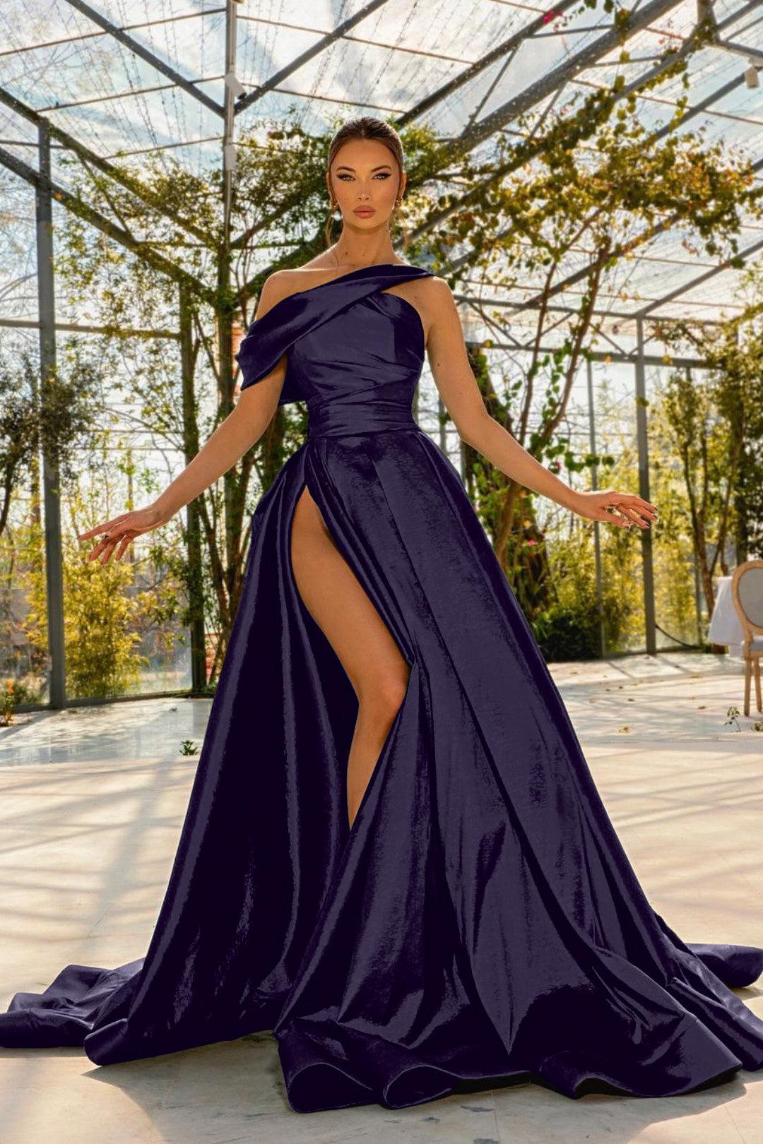 Green A Line Prom Dress Cap Sleeve Asymmetric Neck Satin Formal Dress