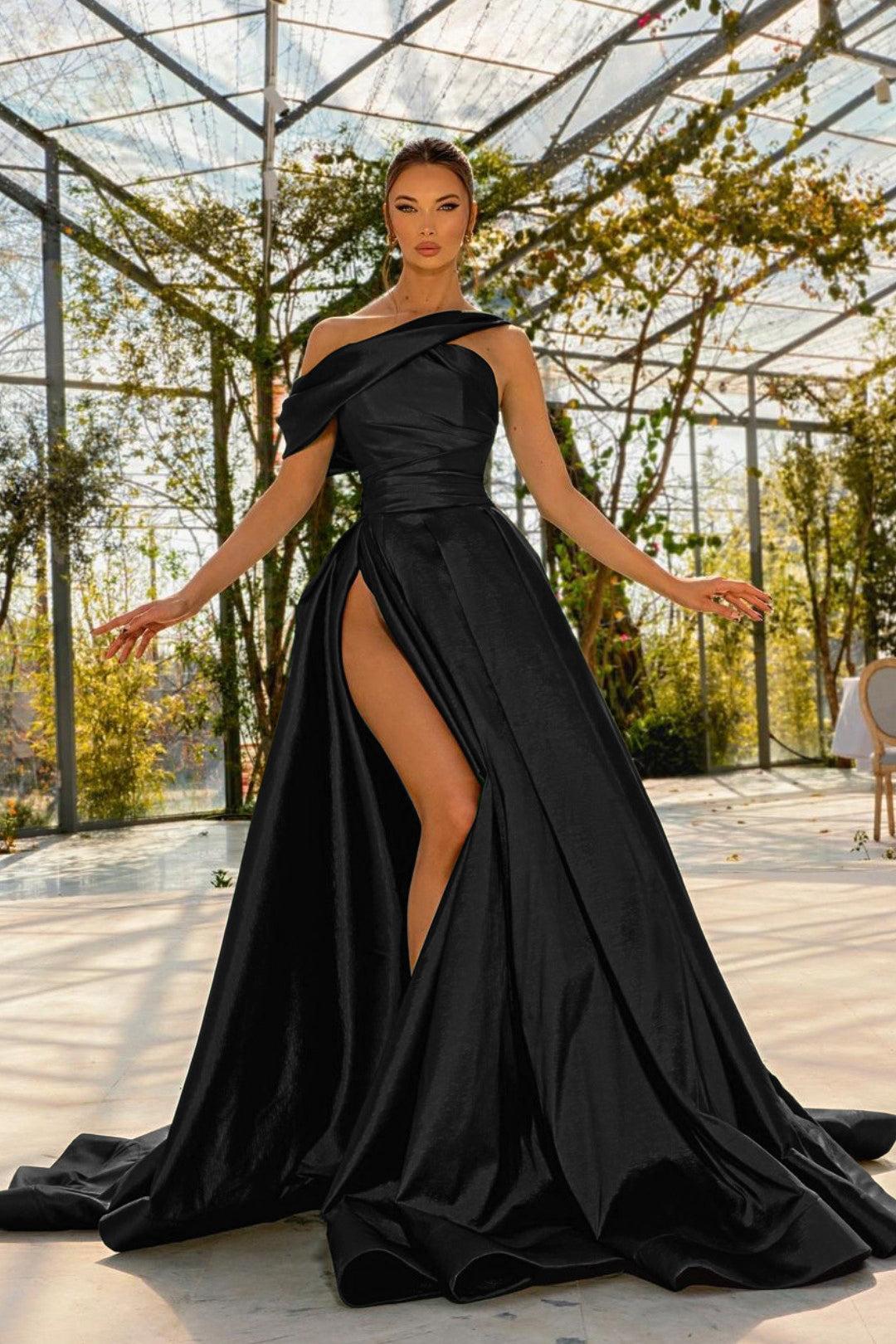 Green A Line Prom Dress Cap Sleeve Asymmetric Neck Satin Formal Dress