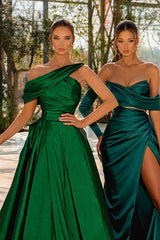 Green A Line Prom Dress Cap Sleeve Asymmetric Neck Satin Formal Dress