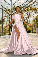 Green A Line Prom Dress Cap Sleeve Asymmetric Neck Satin Formal Dress