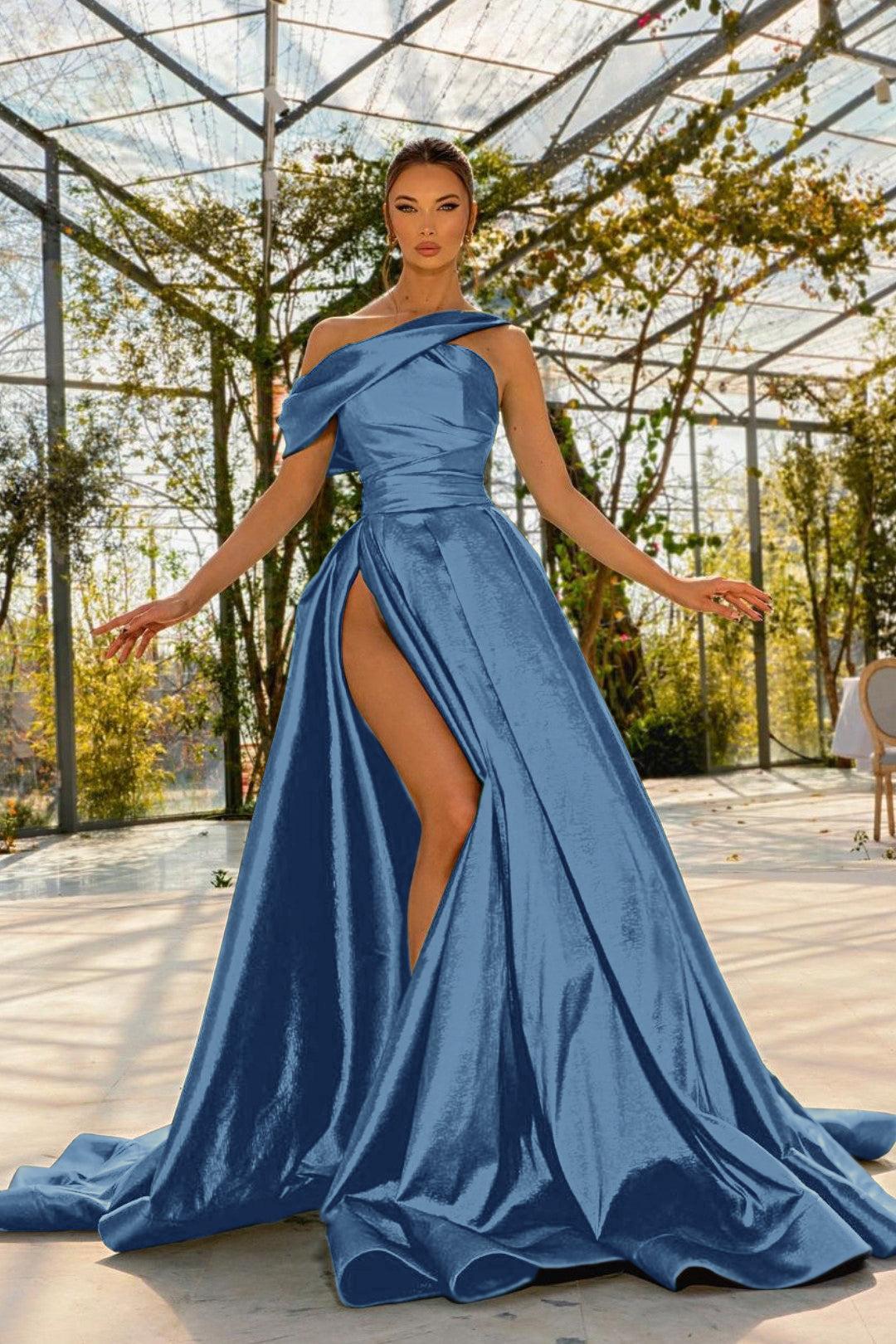 Green A Line Prom Dress Cap Sleeve Asymmetric Neck Satin Formal Dress