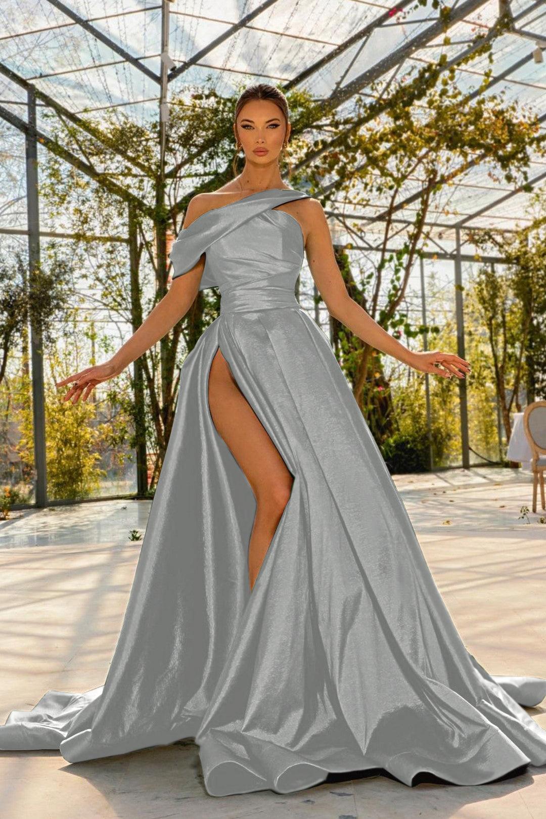 Green A Line Prom Dress Cap Sleeve Asymmetric Neck Satin Formal Dress
