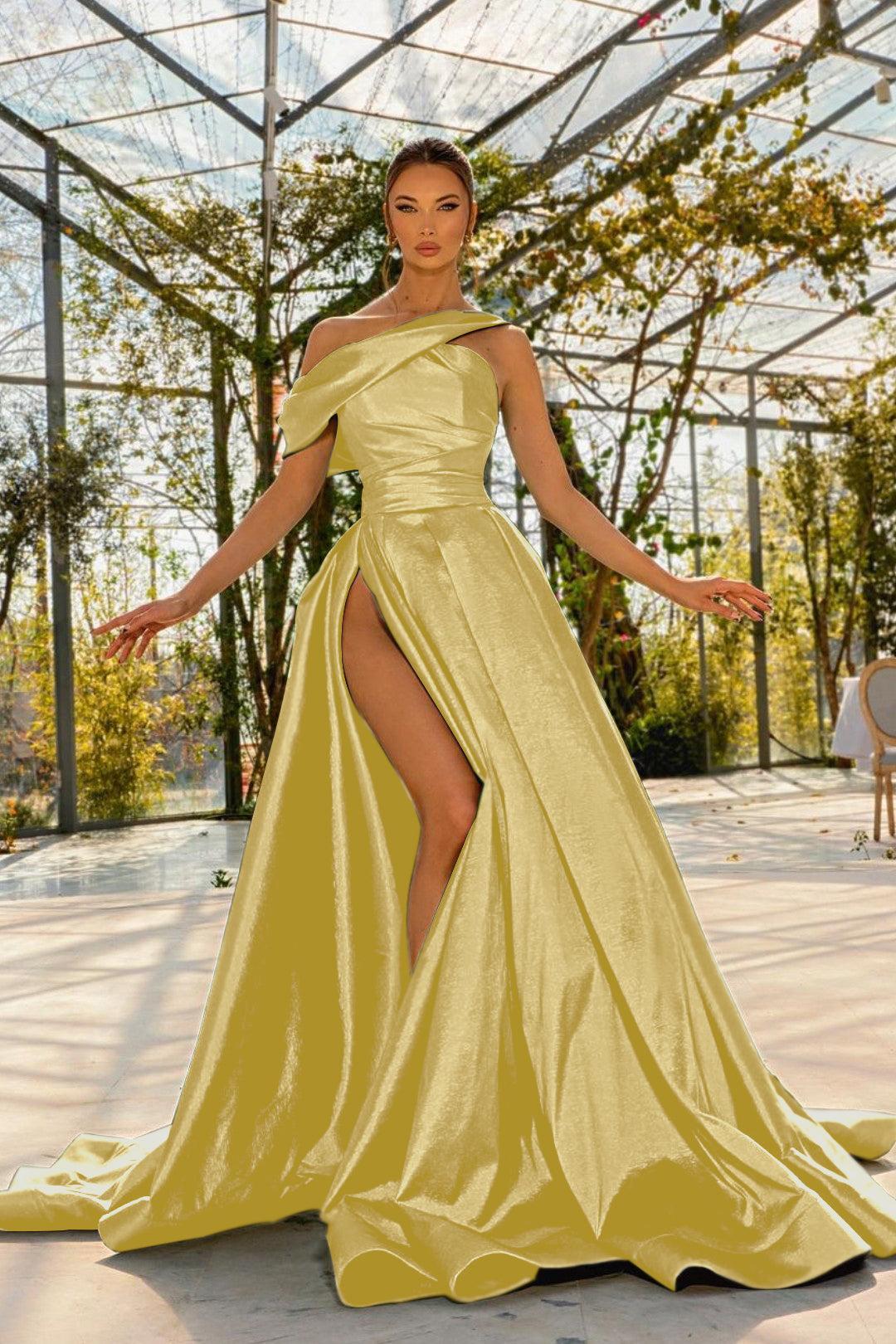 Green A Line Prom Dress Cap Sleeve Asymmetric Neck Satin Formal Dress