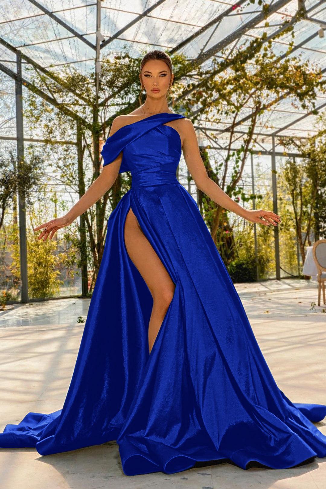 Green A Line Prom Dress Cap Sleeve Asymmetric Neck Satin Formal Dress