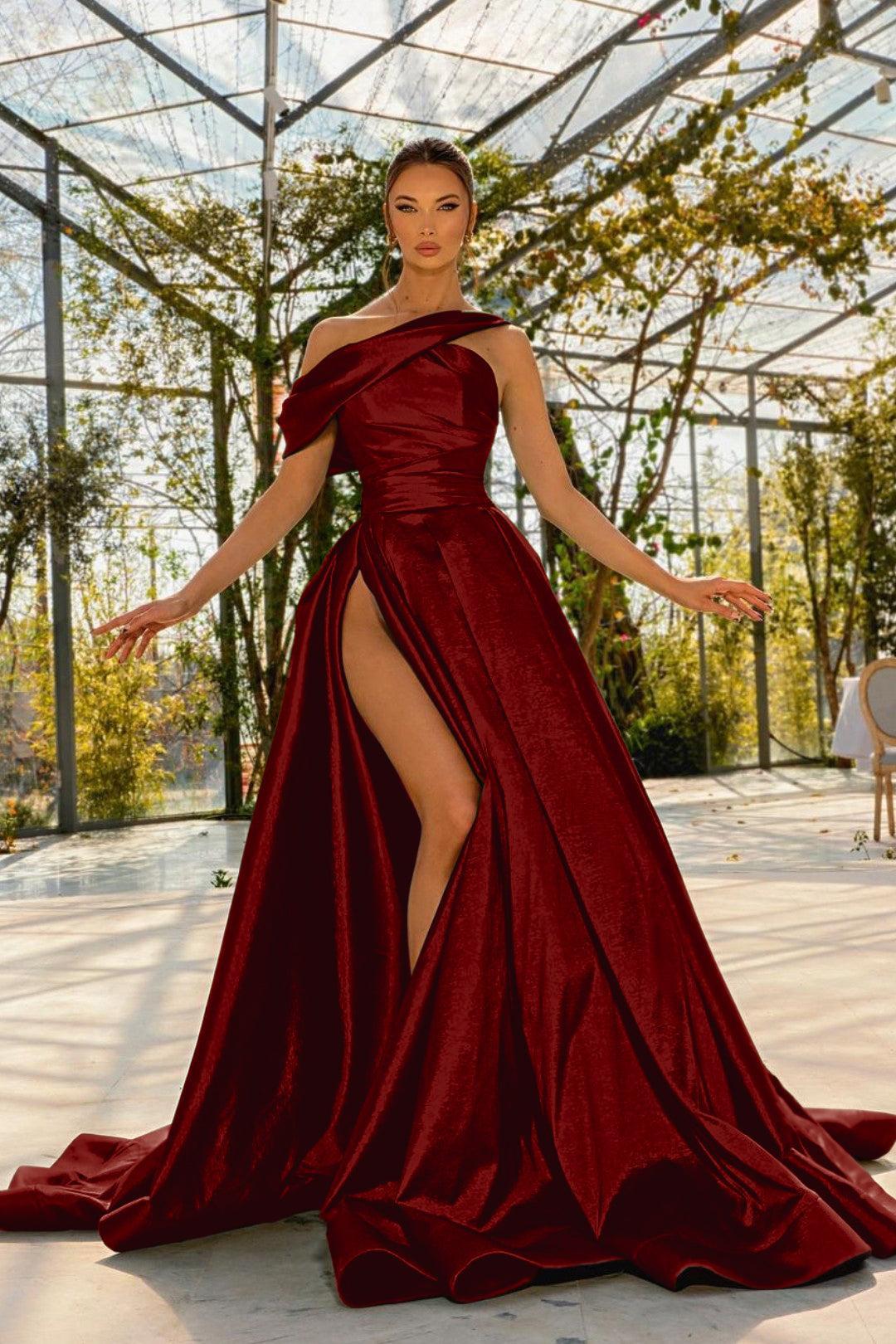 Green A Line Prom Dress Cap Sleeve Asymmetric Neck Satin Formal Dress