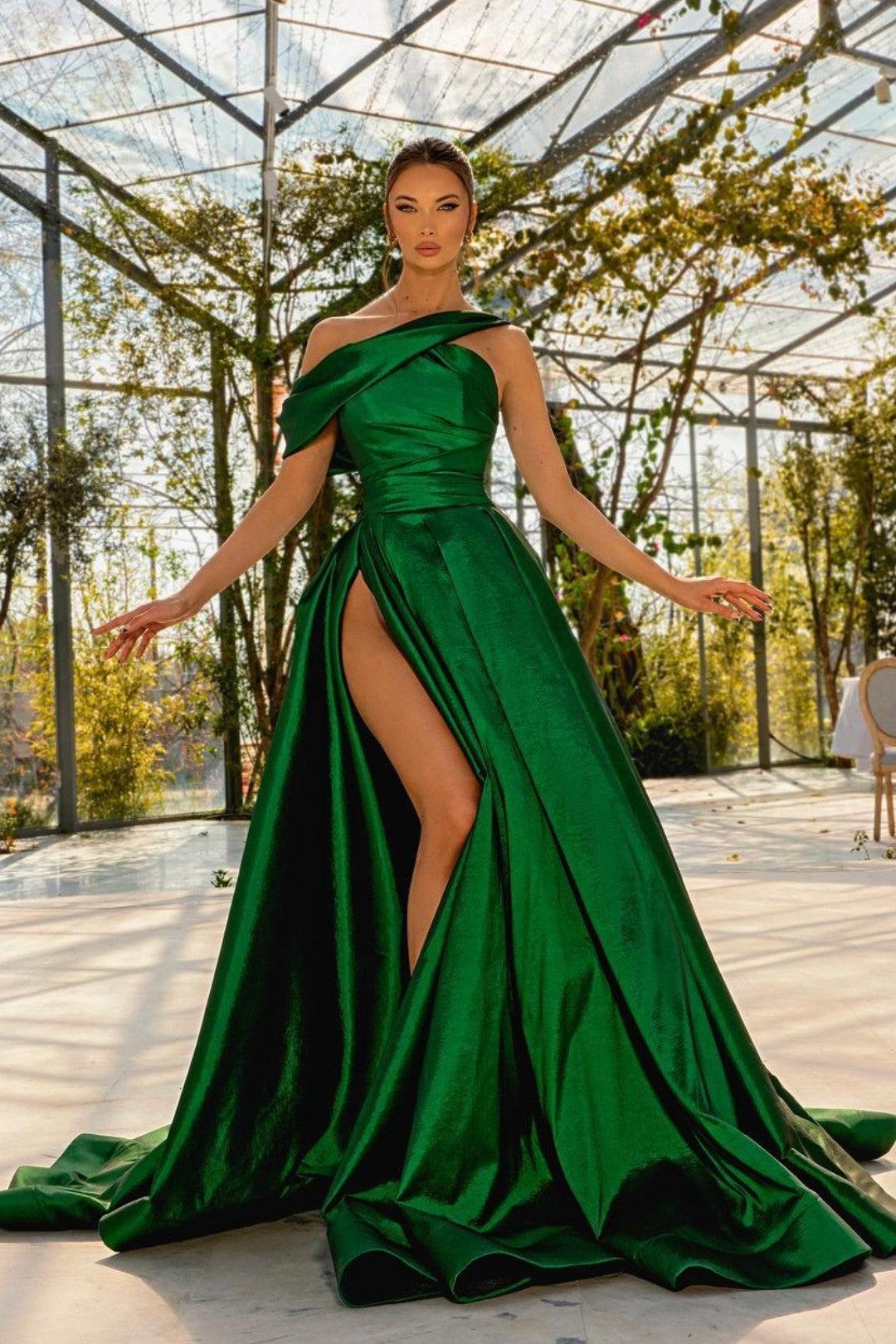 Green A Line Prom Dress Cap Sleeve Asymmetric Neck Satin Formal Dress