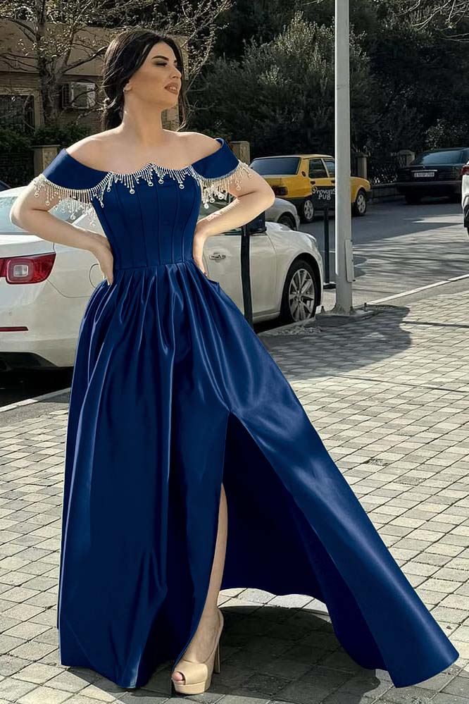 Green A Line Prom Dress Cap Sleeve Off the Shoulder Formal Dress With Beadings and Rhinestones