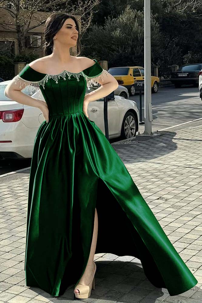 Green A Line Prom Dress Cap Sleeve Off the Shoulder Formal Dress With Beadings and Rhinestones
