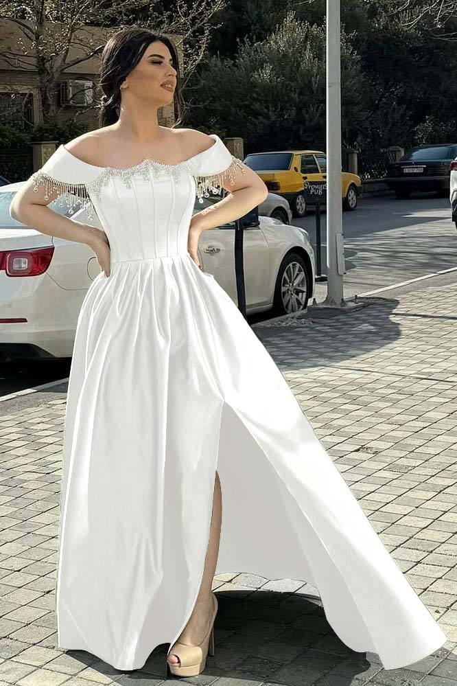 Green A Line Prom Dress Cap Sleeve Off the Shoulder Formal Dress With Beadings and Rhinestones