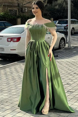Green A Line Prom Dress Cap Sleeve Off the Shoulder Formal Dress With Beadings and Rhinestones
