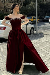 Green A Line Prom Dress Cap Sleeve Off the Shoulder Formal Dress With Beadings and Rhinestones