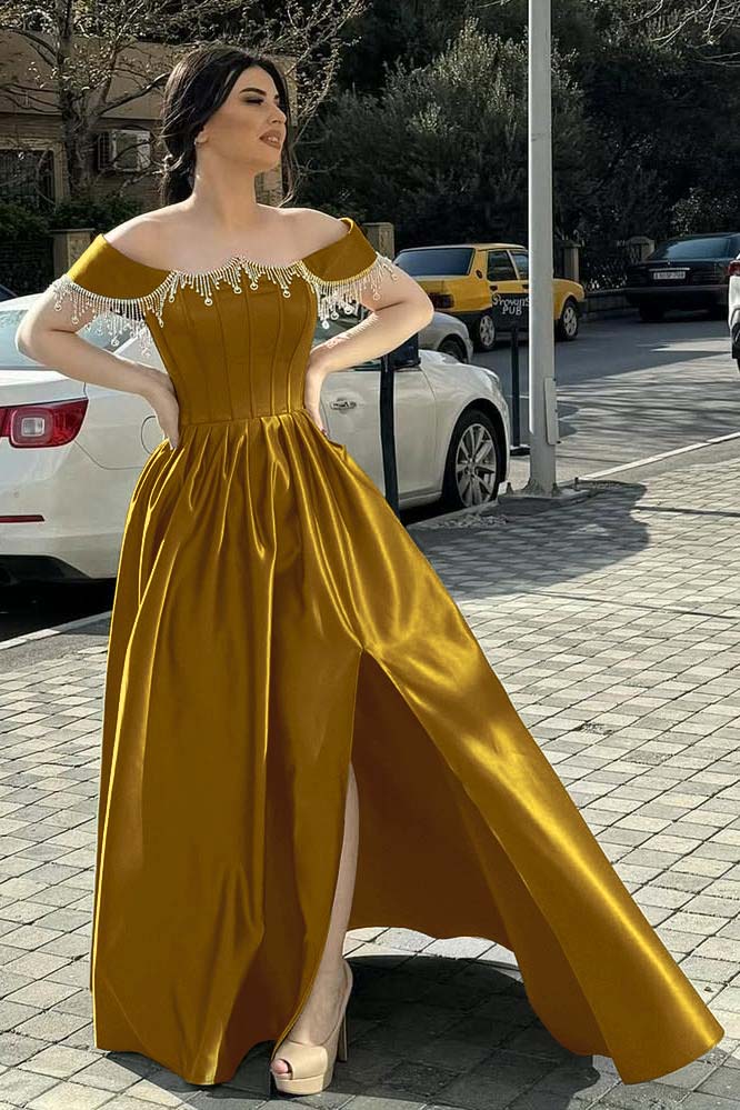 Green A Line Prom Dress Cap Sleeve Off the Shoulder Formal Dress With Beadings and Rhinestones