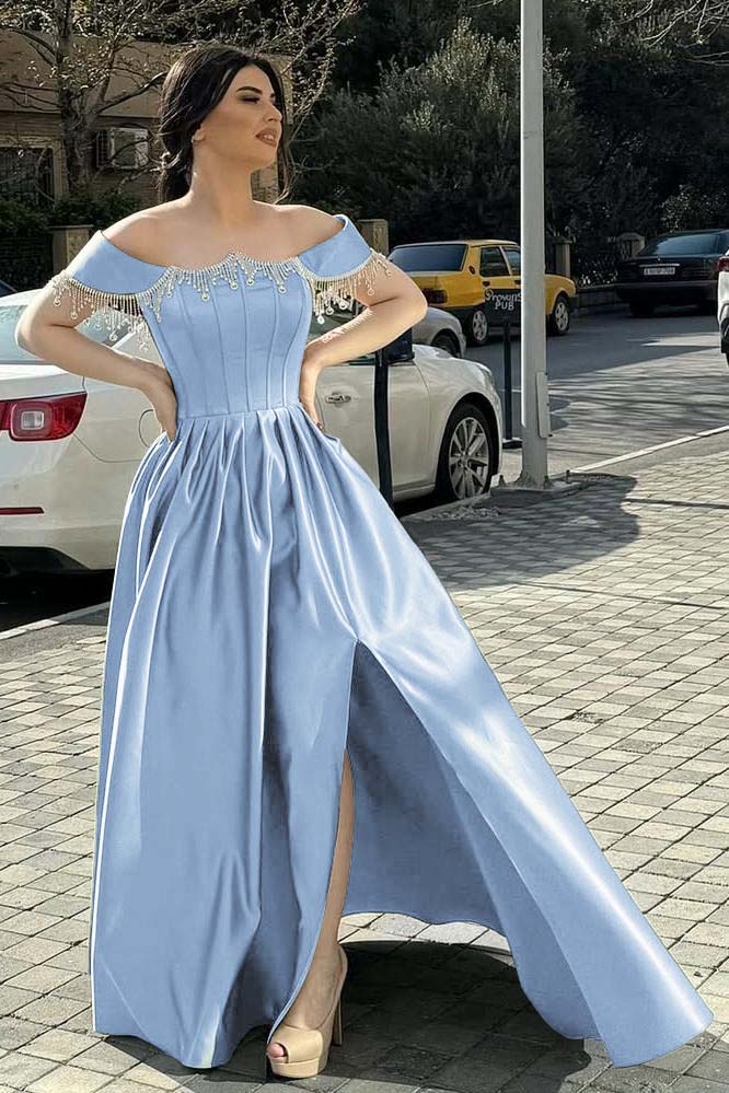 Green A Line Prom Dress Cap Sleeve Off the Shoulder Formal Dress With Beadings and Rhinestones