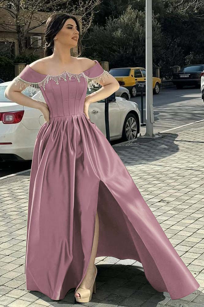 Green A Line Prom Dress Cap Sleeve Off the Shoulder Formal Dress With Beadings and Rhinestones