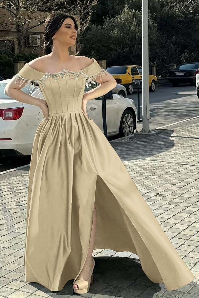 Green A Line Prom Dress Cap Sleeve Off the Shoulder Formal Dress With Beadings and Rhinestones