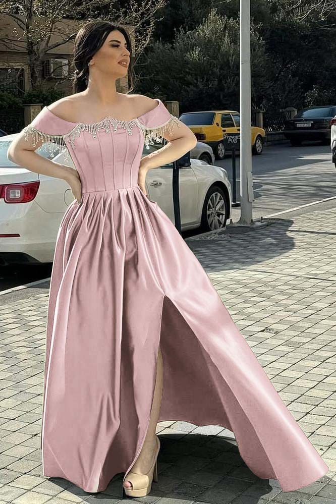 Green A Line Prom Dress Cap Sleeve Off the Shoulder Formal Dress With Beadings and Rhinestones