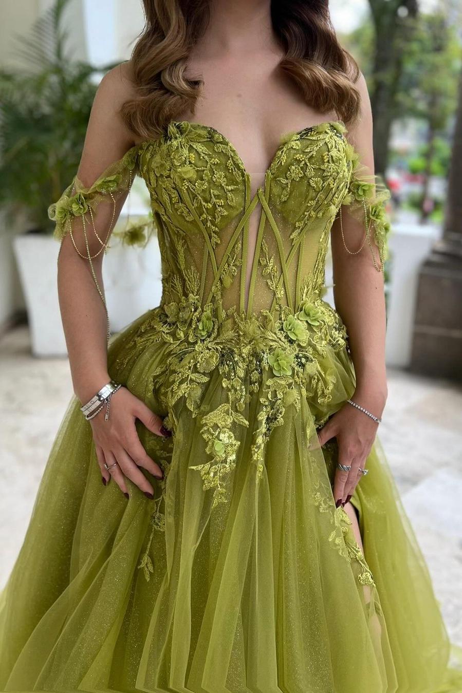 Green A Line Prom Dress Cap Sleeve Off the Shoulder Formal Dress With Lace Appliques