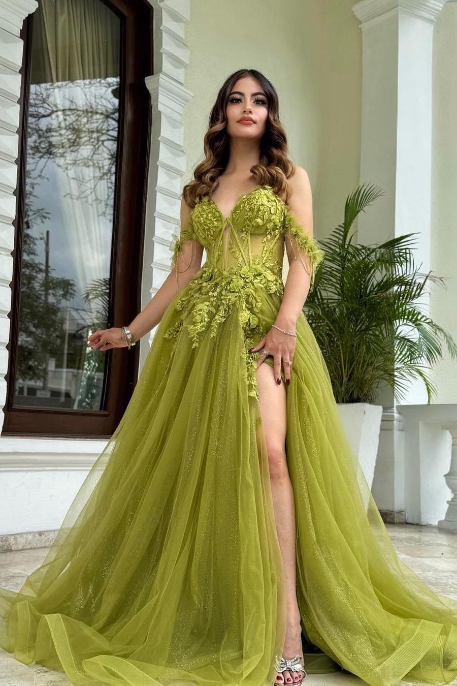 Green A Line Prom Dress Cap Sleeve Off the Shoulder Formal Dress With Lace Appliques